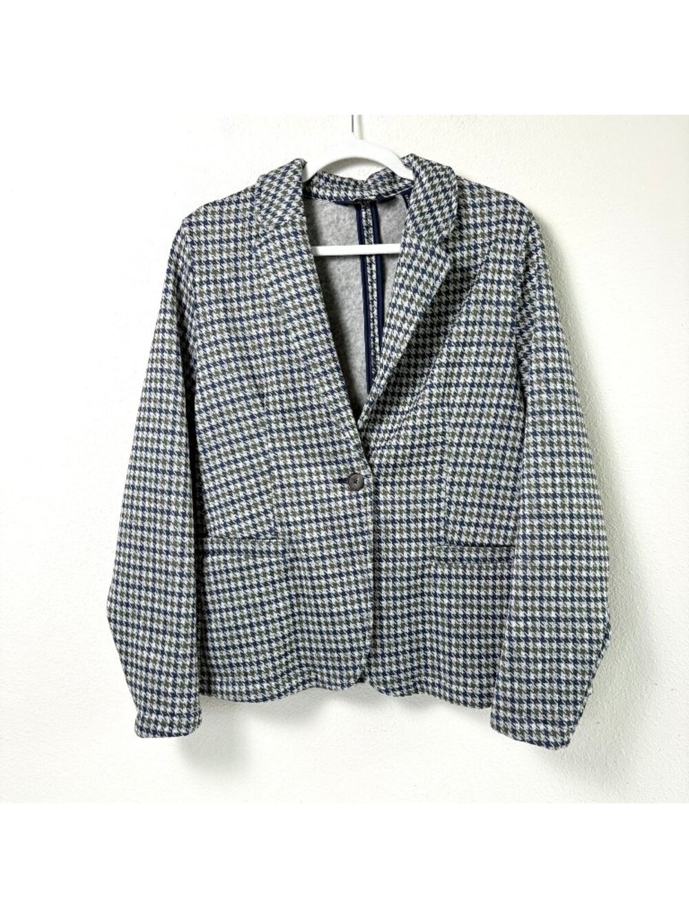 Lands End Blazer Jacket Womens M Multi Houndstooth Knit Fleece One Button Preppy